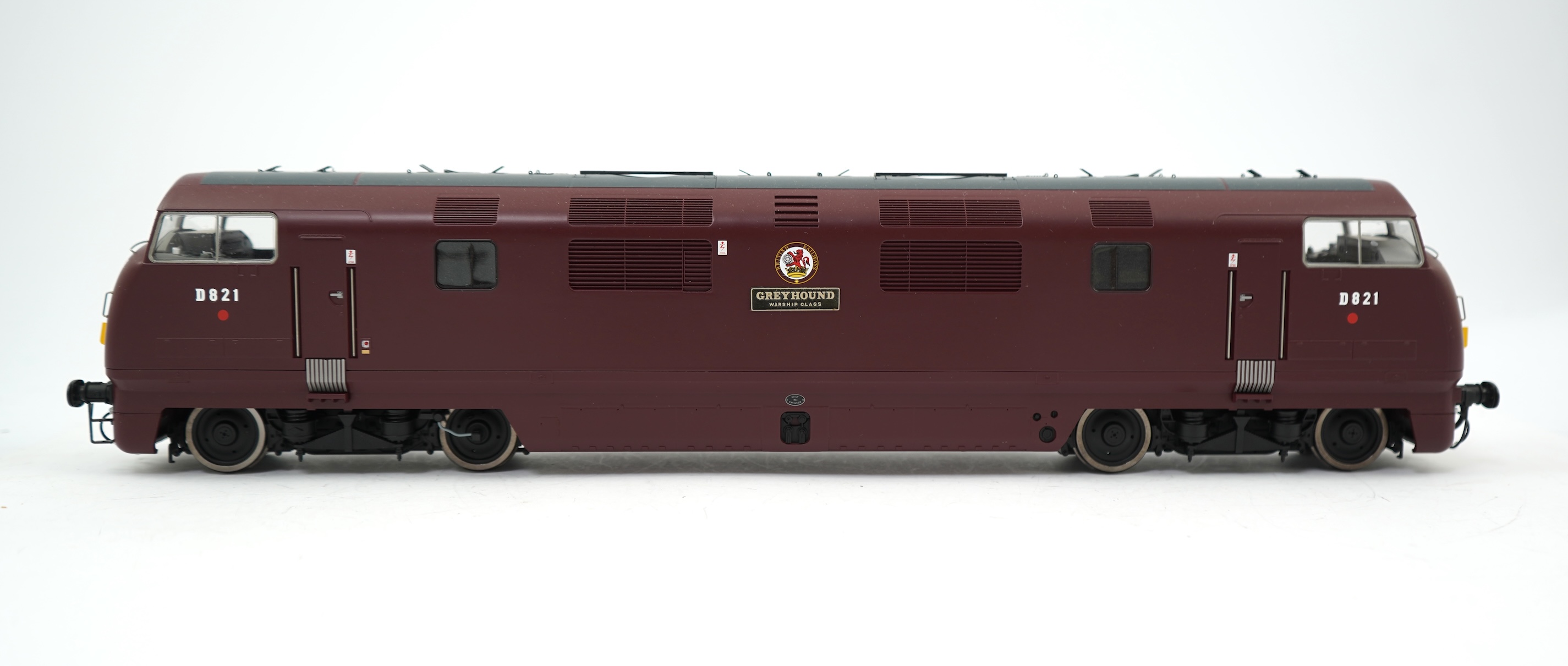 An 0 Gauge Heljan model of BR Warship Class Greyhound D821 Bo-Bo diesel hydraulic locomotive, powered for two rail operation, with original box and operating leaflet.
